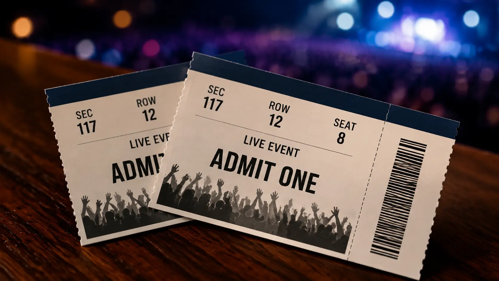 Live event tickets on wooden table