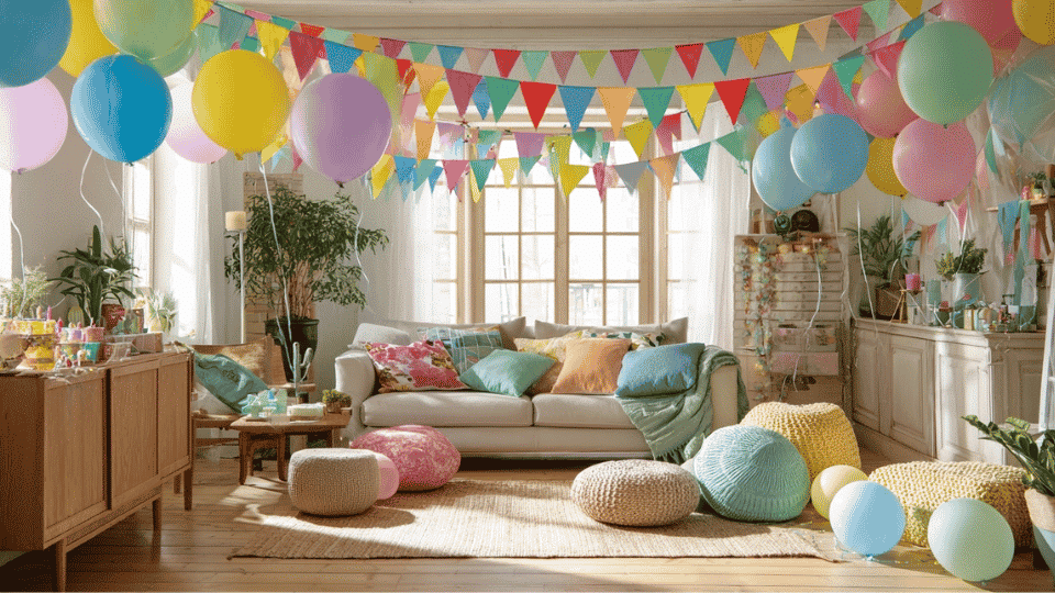 Living room decorated with balloons and streamers for a kids birthday party with open floor space