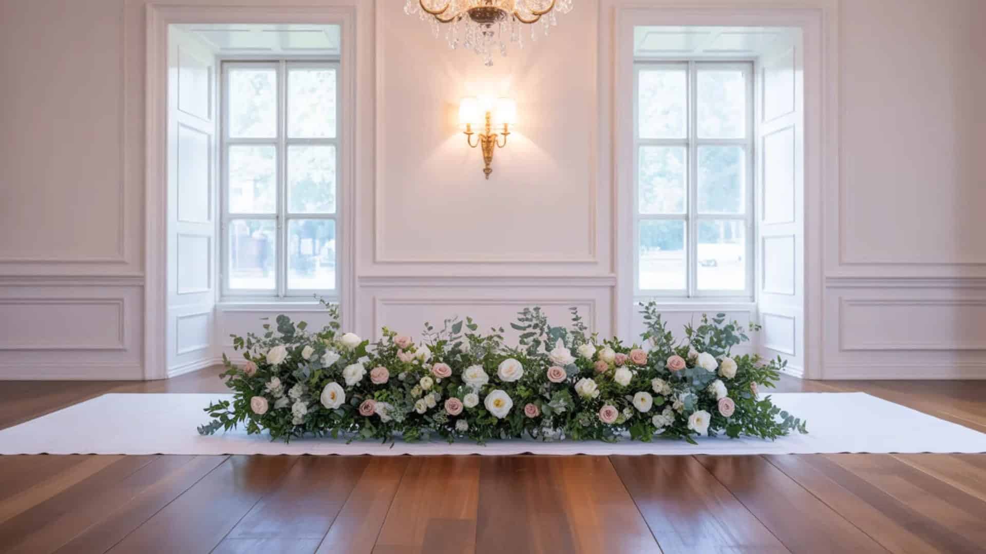 Low floral aisle arrangement with blush roses and greenery in an elegant hallway