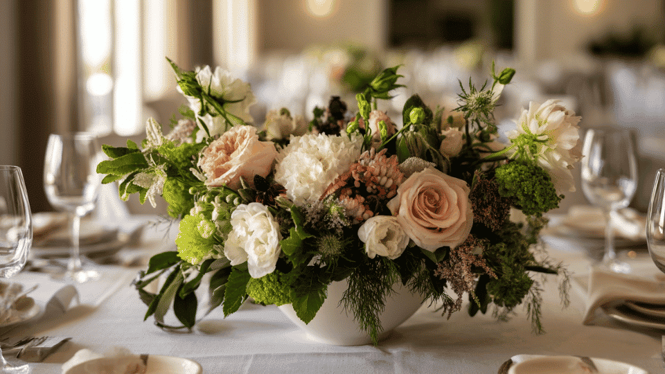 Low table centerpiece with mixed flowers and greenery in wide vase