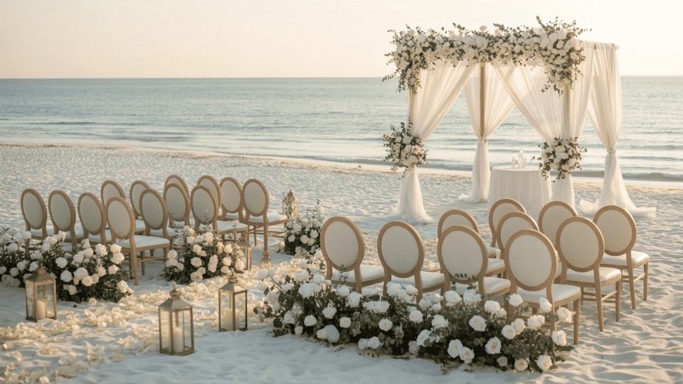 Luxury beach wedding setup with floral aisle, decorated arbor, chairs, lanterns, and ocean at sunset