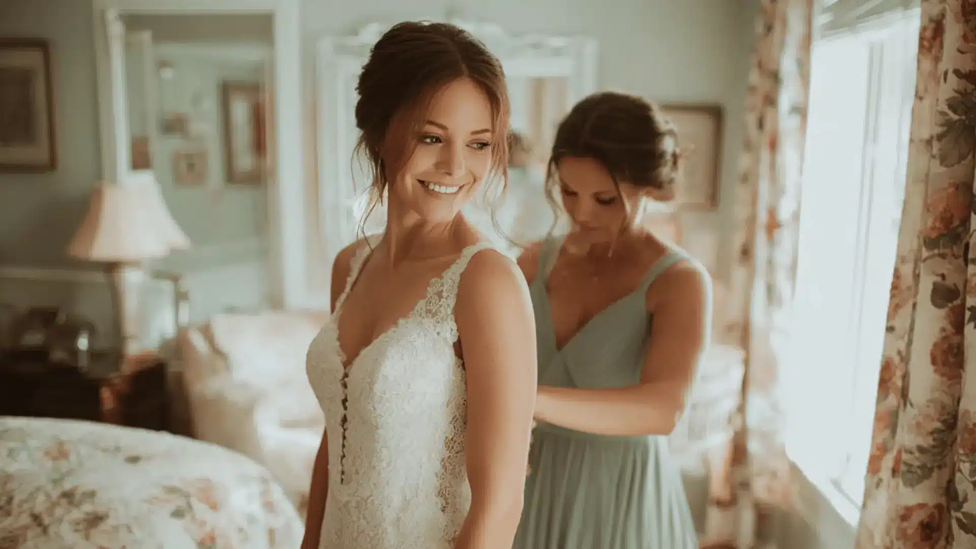 Maid of honor helping bride fasten wedding dress while bride smiles at mirror in softly lit room.