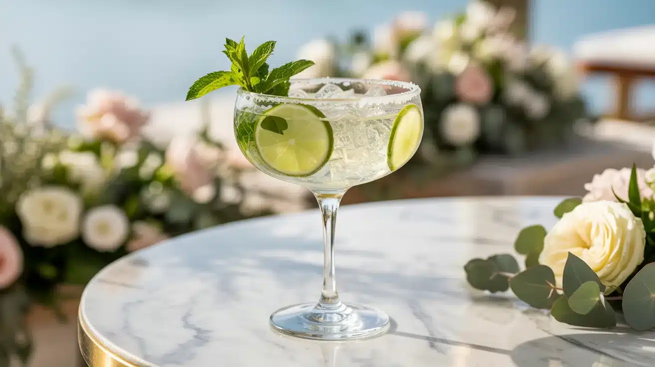 Margarita cocktail with lime slices and mint on table with wedding florals outdoors