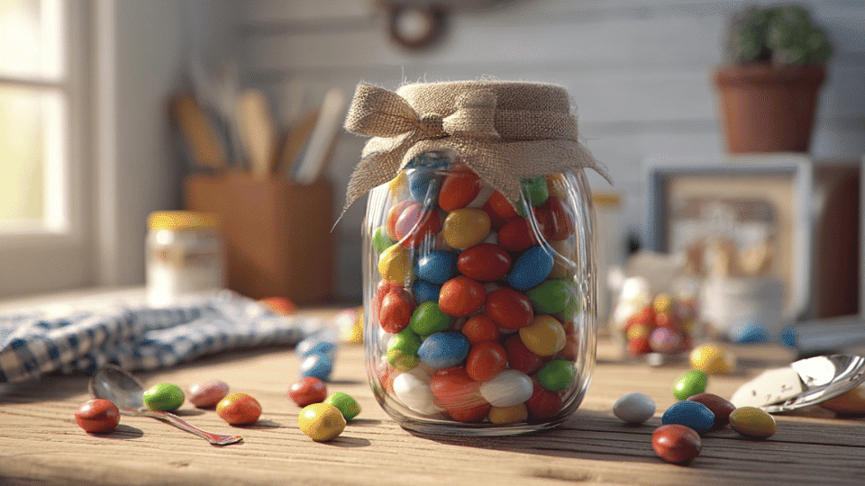 Mason jar layered with candies on a table with ribbon, gift tag, and extra candies nearby.