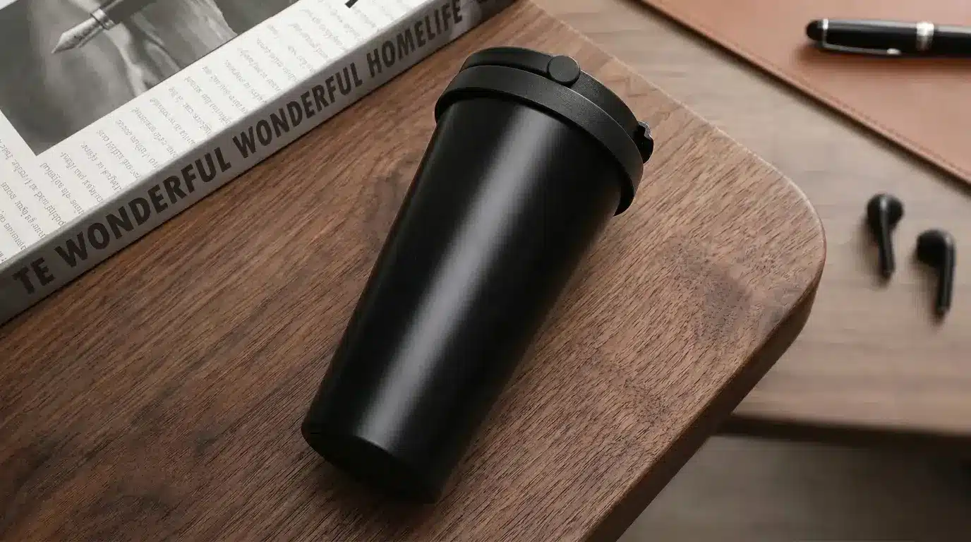 Matte black travel tumbler placed on a wooden table next to a book, pen, and wireless earbuds.