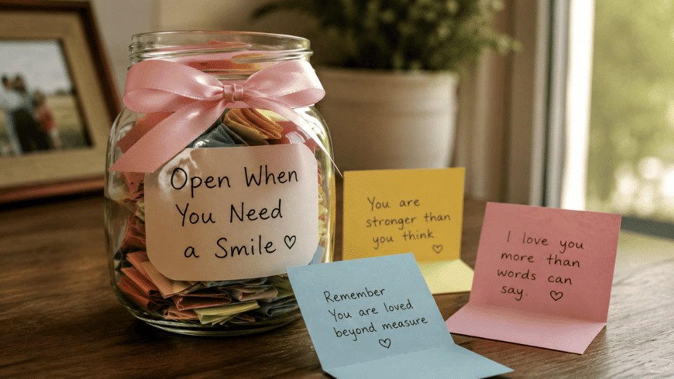 Memory jar filled with colorful folded notes, ribbon, and heartfelt messages on a cozy wooden desk.