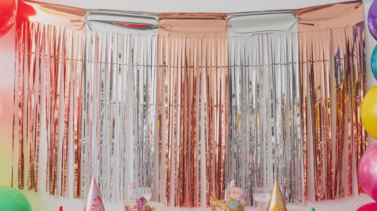 Metallic fringe curtain backdrop in gold and silver tones for a festive DIY birthday decoration