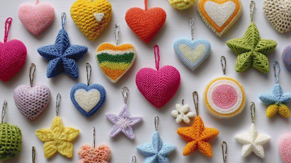 Set of small crochet mini charms including hearts and stars on a keyring
