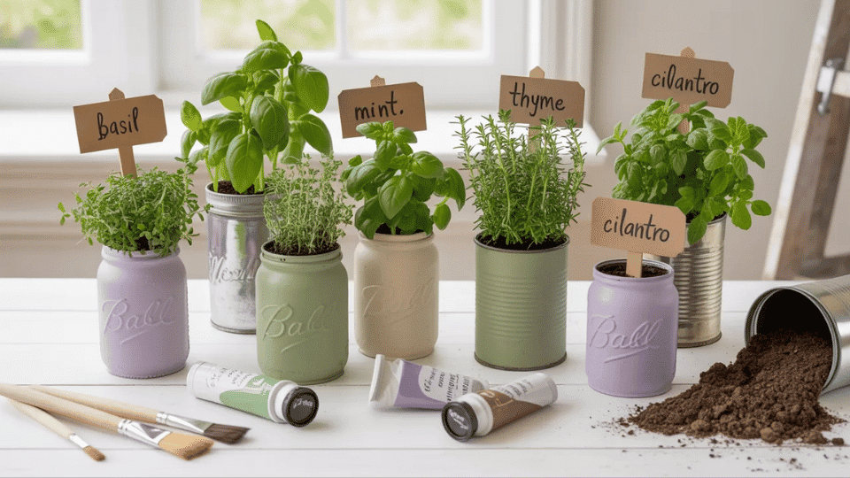 Mini herb garden in jars on a table with soil, seedlings, paint, and labels.