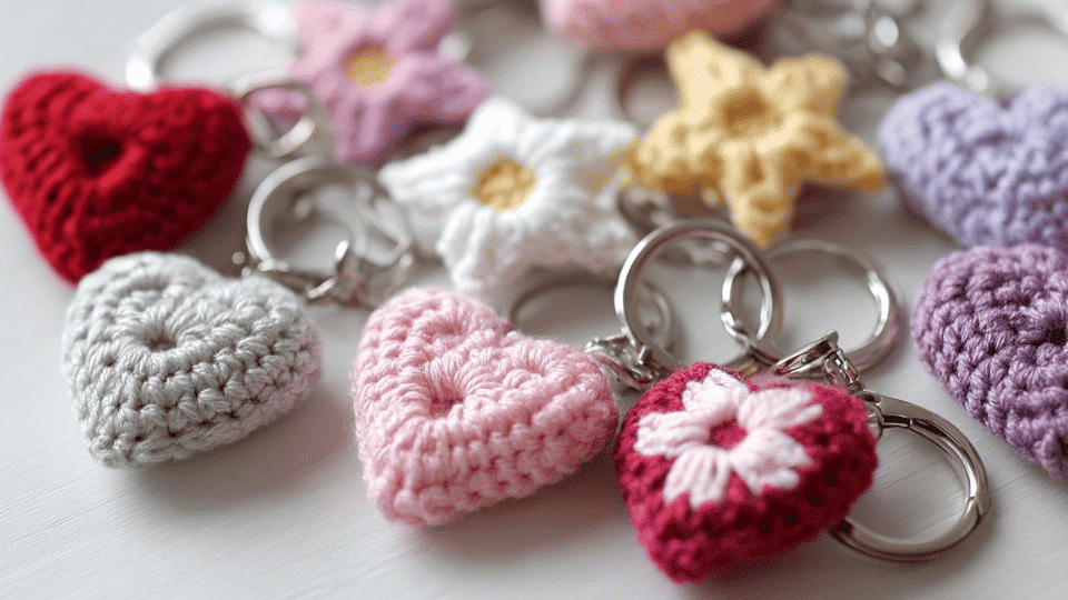 Crochet keychain charms including hearts and stars on a metal keyring