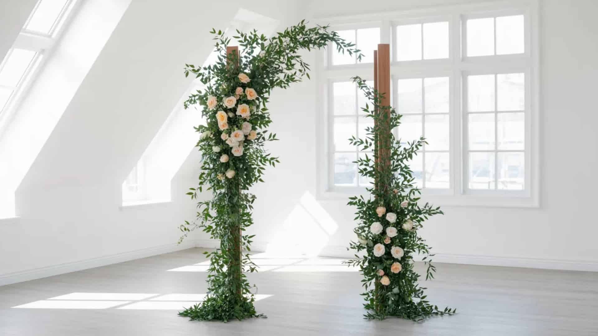 Minimal floral wedding pillars with greenery in a bright white room by tall windows