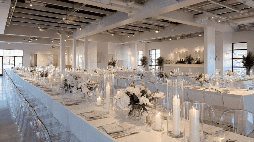 Minimal modern wedding venue with clean layout, candles and simple decor setup