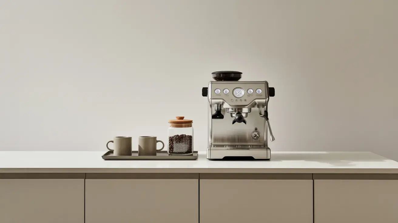 Minimalist coffee setup with an espresso machine, two mugs, and a jar of coffee beans on a clean countertop