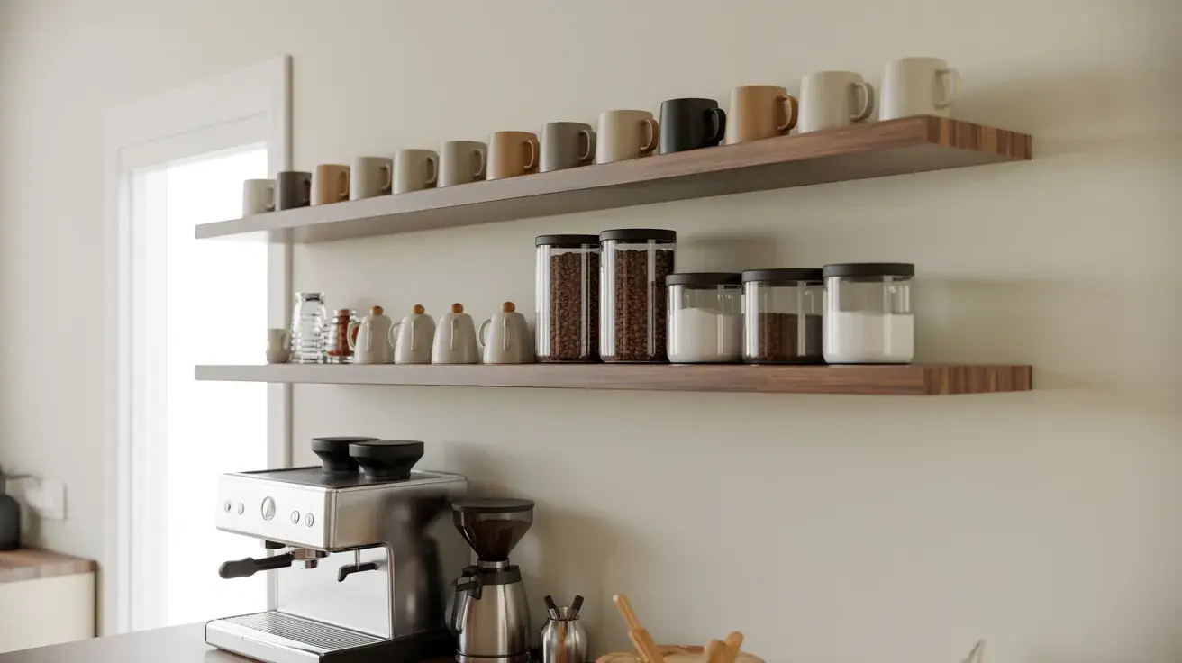 Minimalist coffee station with two wooden floating shelves displaying mugs, jars, and an espresso setup below