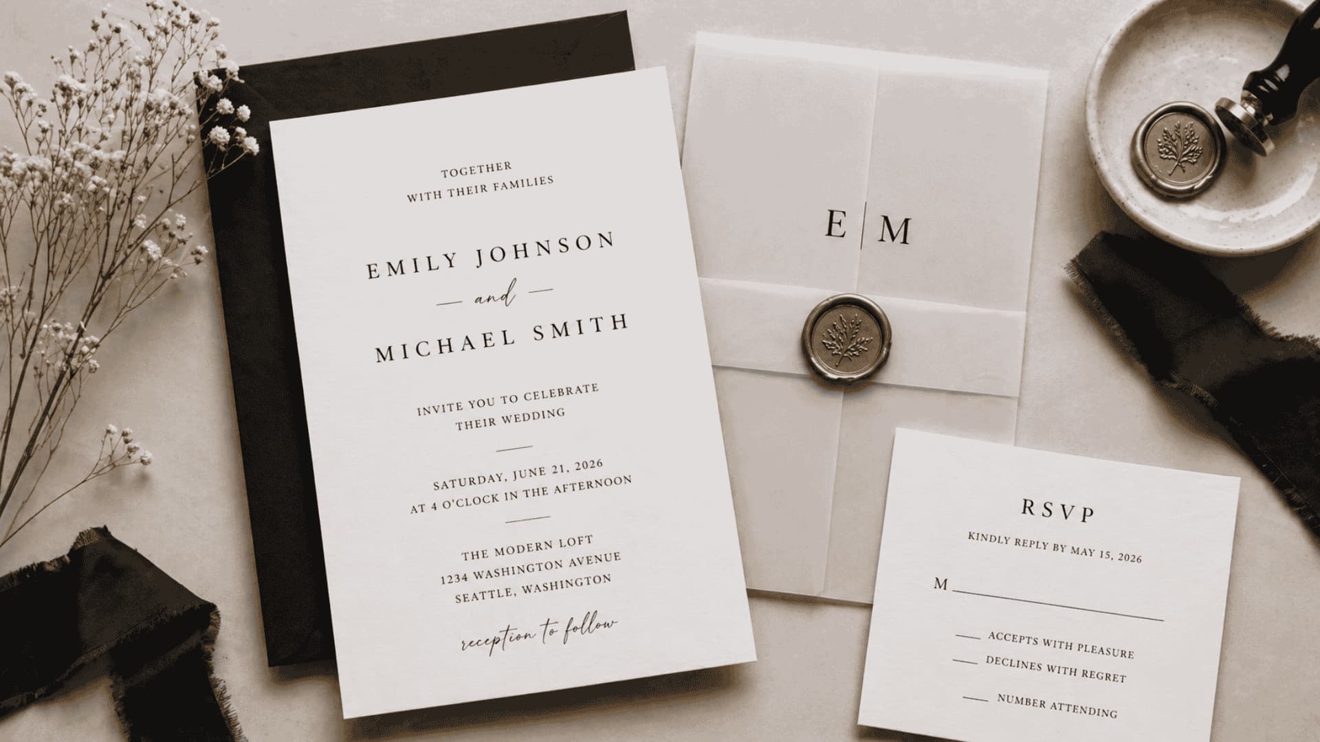 Minimalist wedding invitation with black text, white card, and wax seal