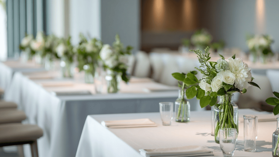 Minimalist wedding with simple decor, single flowers in bottles, and geometric centerpieces in a modern venue.