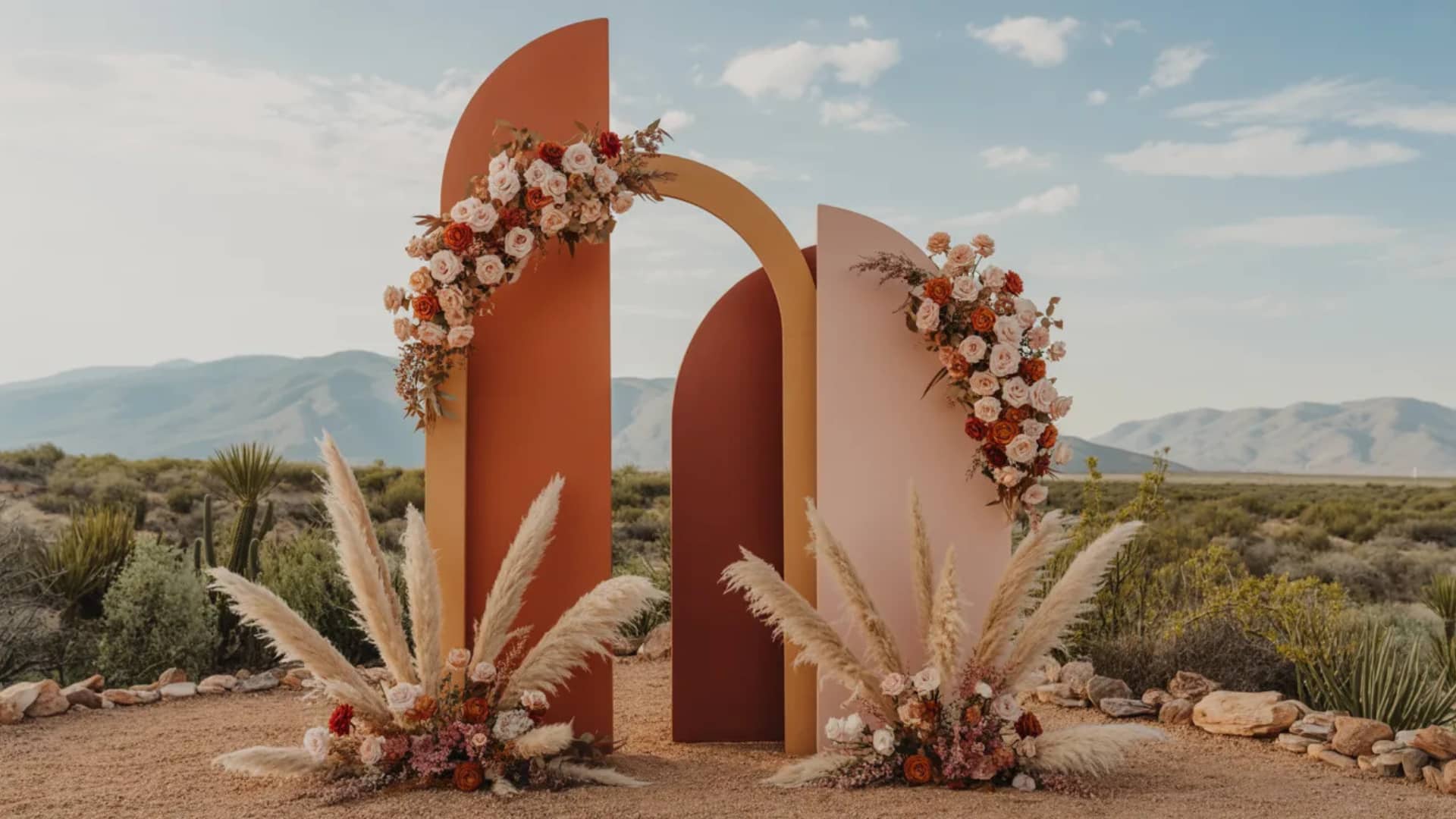 Modern desert wedding backdrop with arches, pampas grass, and soft florals