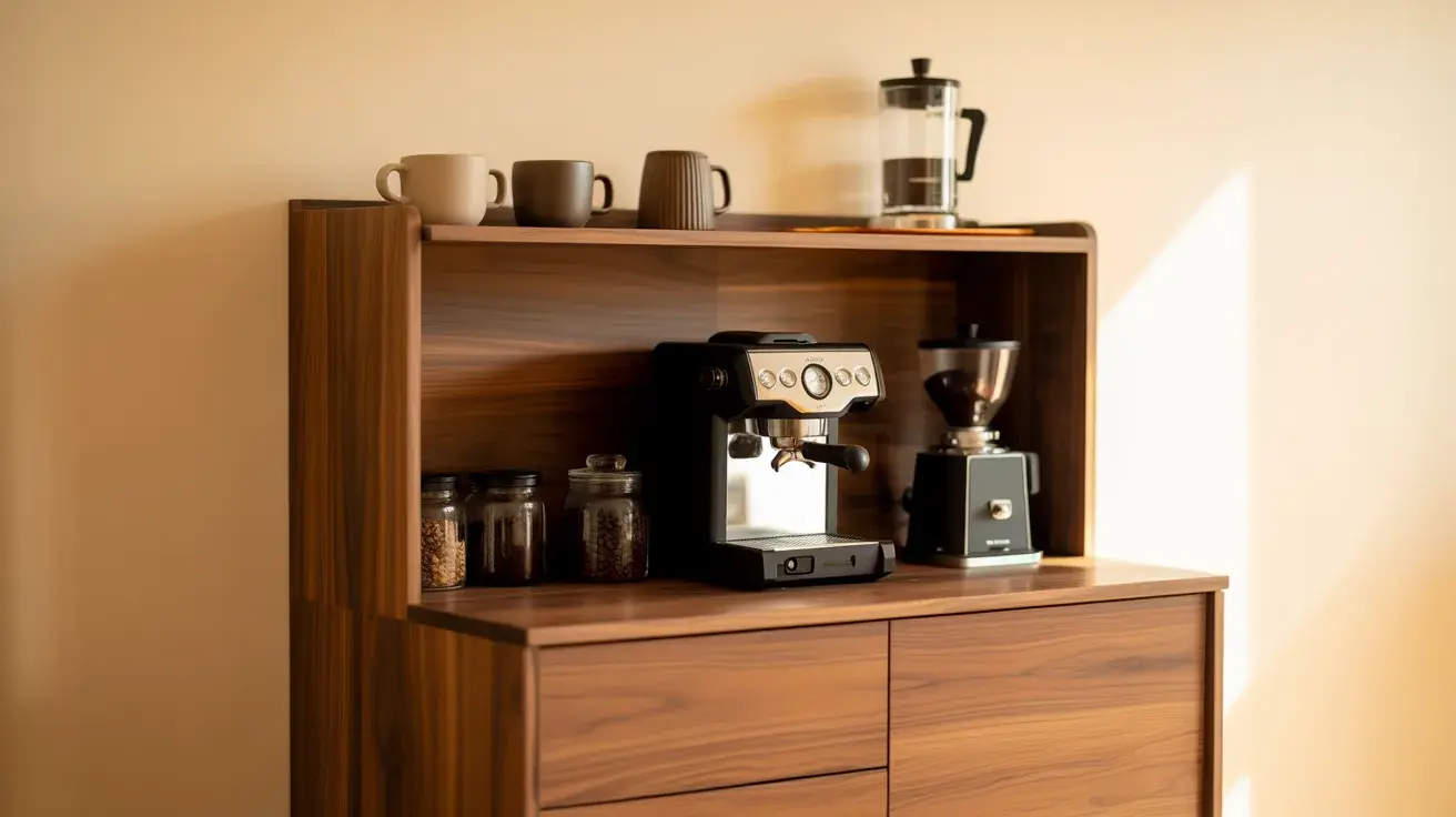 Modern wooden coffee station cabinet with espresso machine, grinder, jars, and mugs neatly arranged