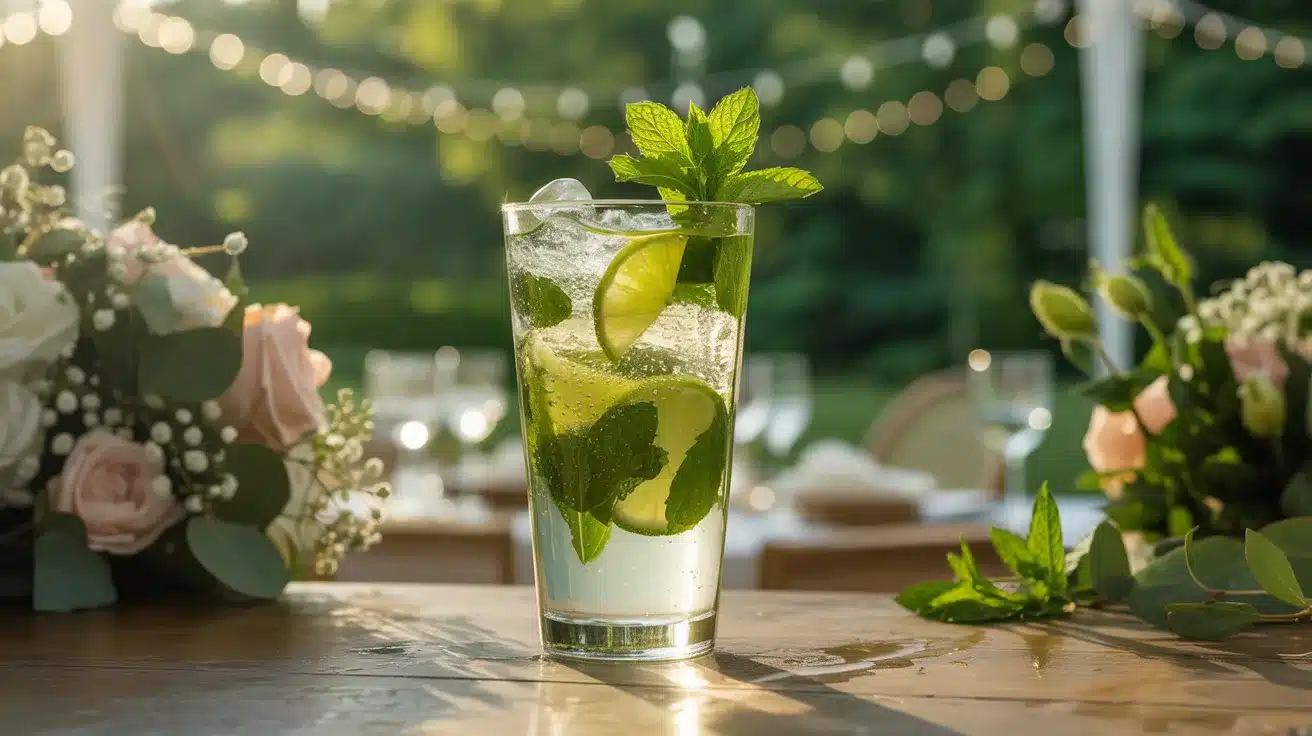 Mojito cocktail with lime and mint on rustic outdoor table with greenery