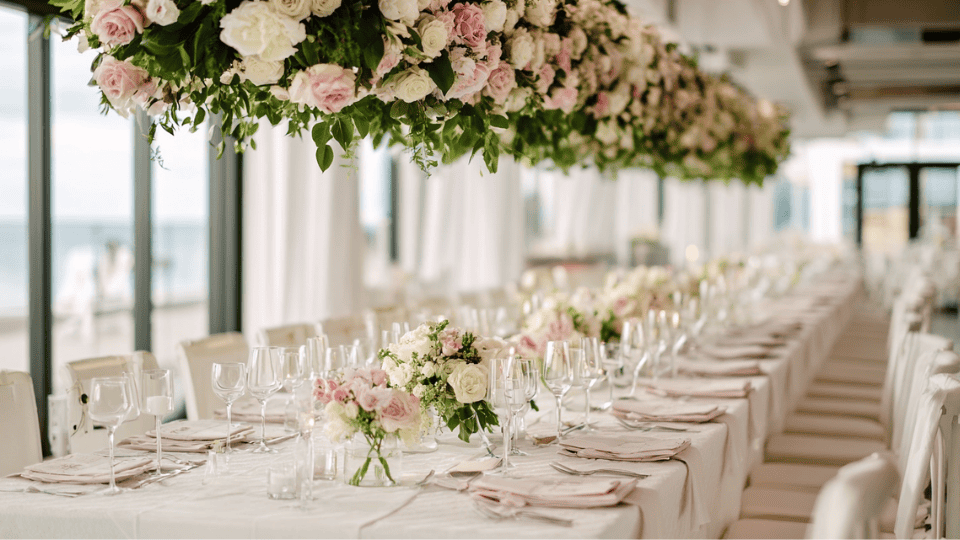 Monochrome floral centerpieces and aisle decor in white, pink, or yellow, for a minimalist wedding look.