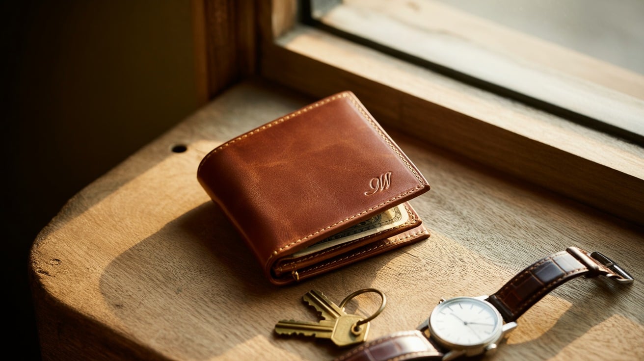 Monogrammed leather wallet with initials