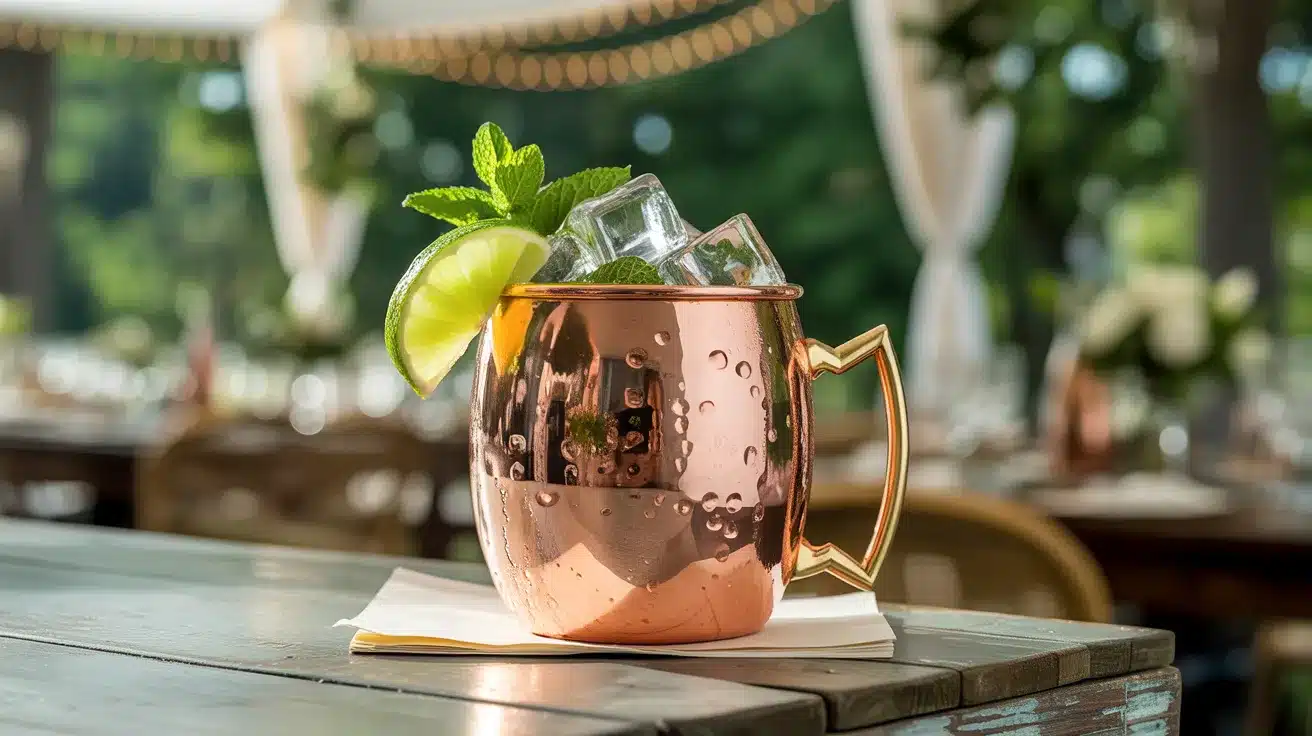Moscow mule cocktail in copper mug with lime and mint at outdoor wedding setting