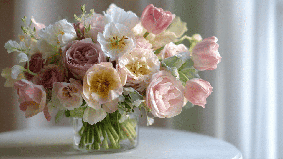 Mother's Day bouquet with soft pastel flowers in classic style