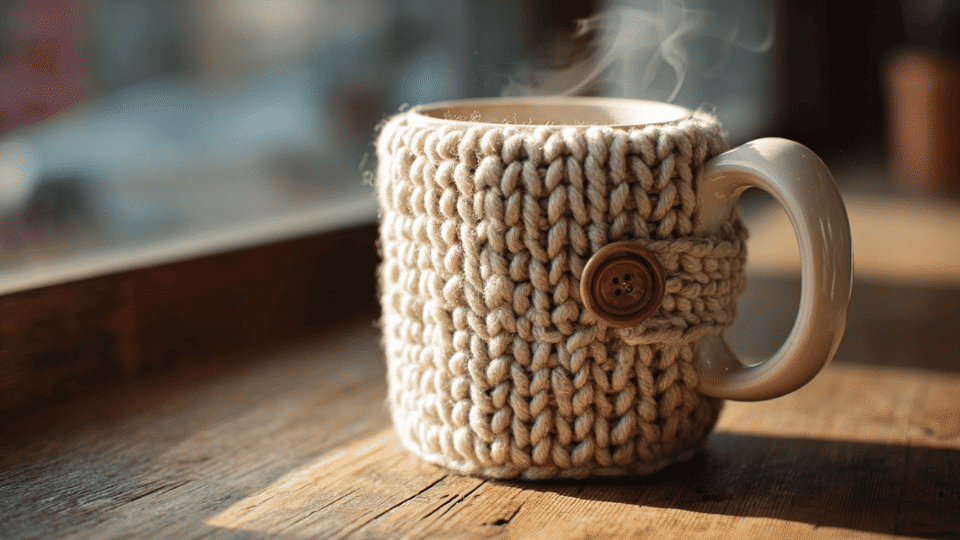 Handmade crochet mug cozy wrapped around a coffee mug with a button closure on a table