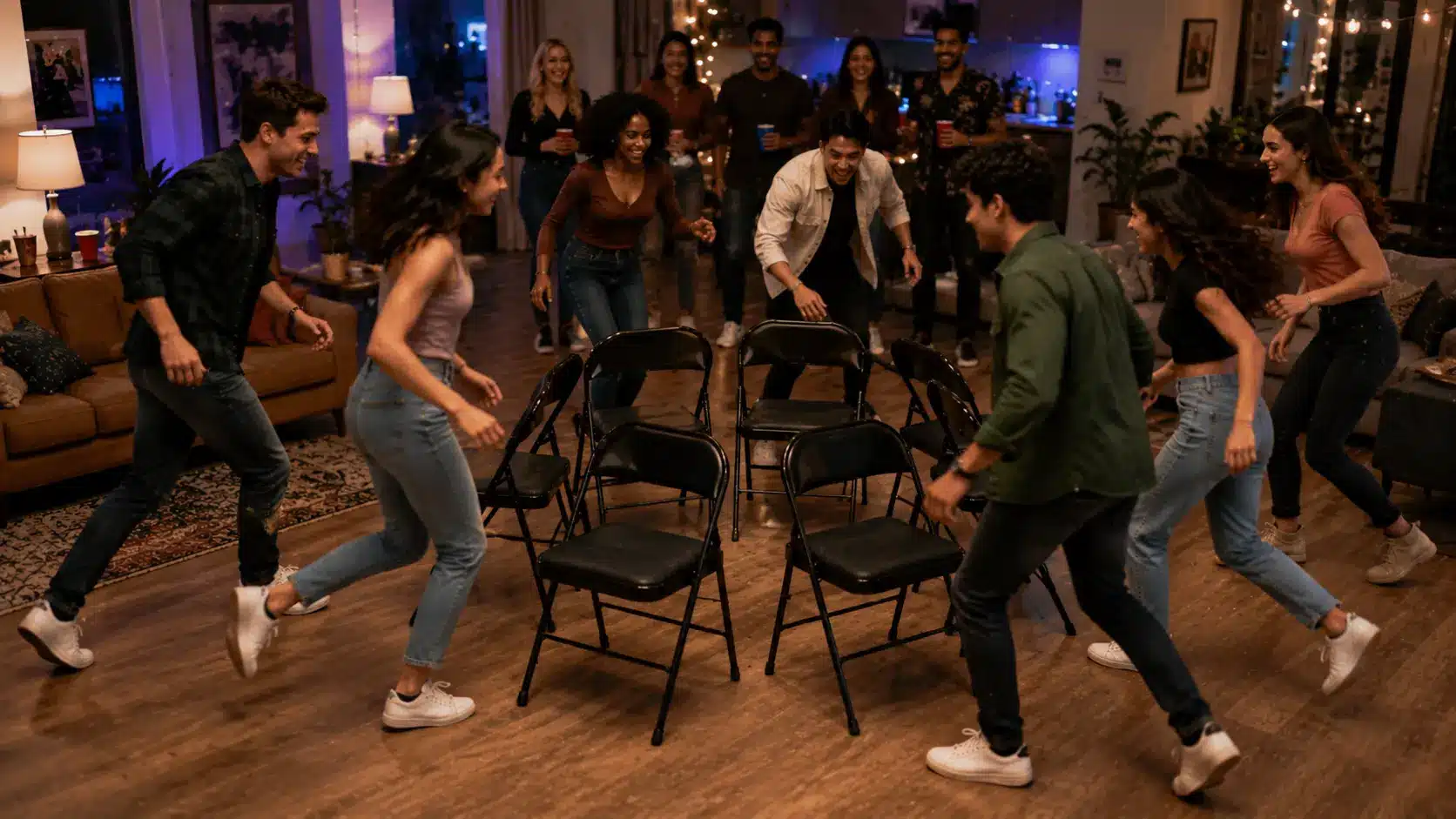 Musical chairs at a cozy party