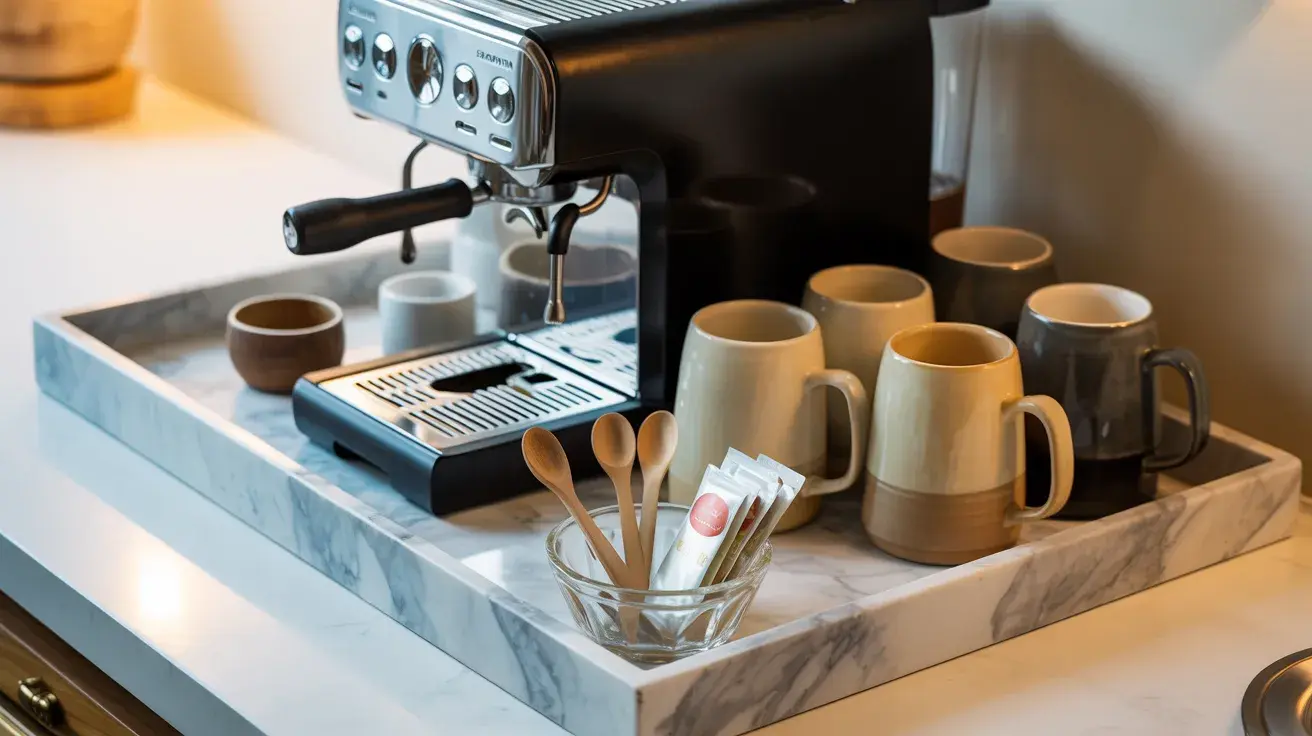 Neat coffee station tray with an espresso machine, assorted mugs, and stirring spoons on a marble surface