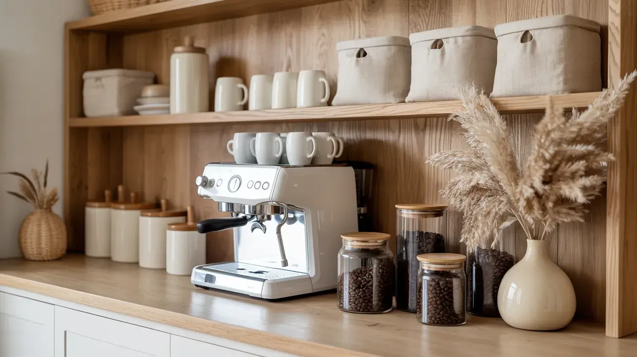 Neutral-toned coffee station with a white espresso machine, wooden shelves, mugs, jars of beans, and decorative dried grasses
