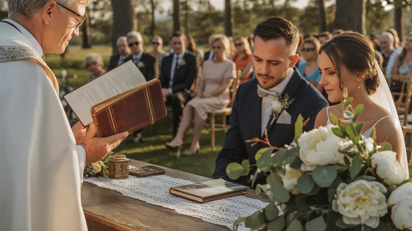 Officiant reading a meaningful passage from a book as the couple listens during an outdoor wedding ceremony.