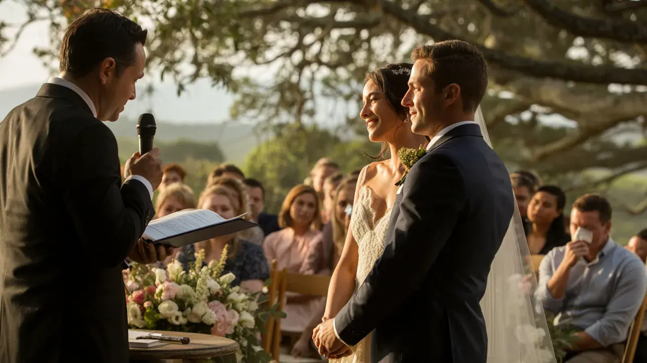Officiant sharing a heartfelt story as the couple holds hands during an outdoor wedding ceremony