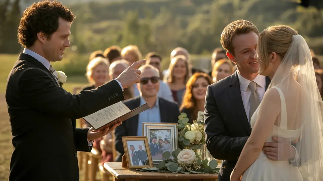 Officiant sharing the couple’s story as they smile and embrace