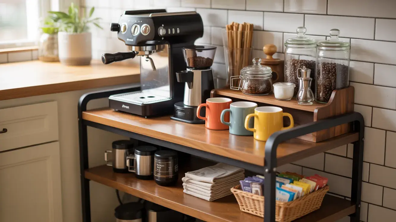 Organized coffee station cart with espresso machine, grinder, jars, colorful mugs, and neatly stored supplies on open shelves