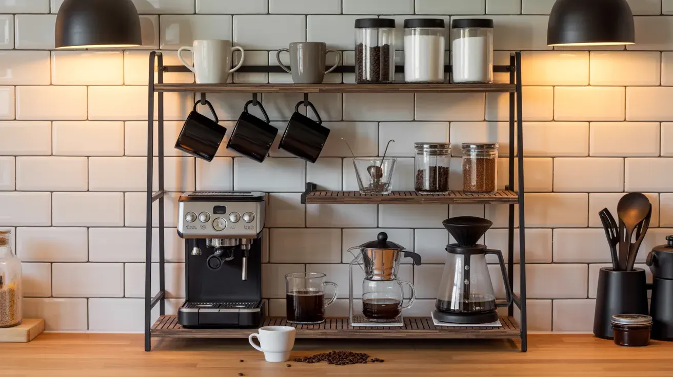 Organized kitchen coffee station with tiered shelves, espresso machine, hanging mugs, and jars against a tiled backsplash