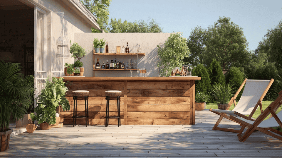 Outdoor DIY bar on a patio with wood finish and backyard setting.