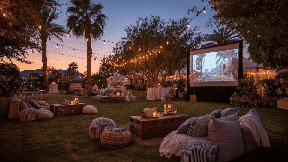 Outdoor movie lounge at a wedding reception with cozy seating, blankets, and string lights, creating a relaxed atmosphere