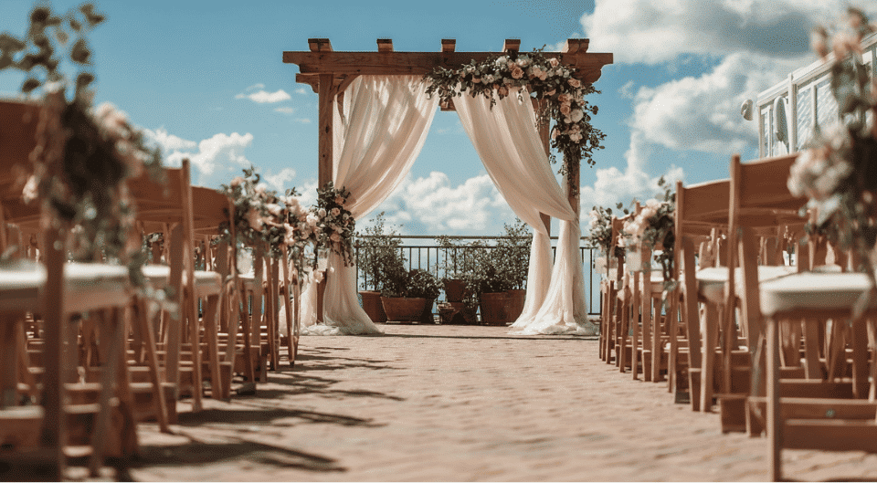 Outdoor wedding ceremony with decorated wooden arch, aisle and guest chairs