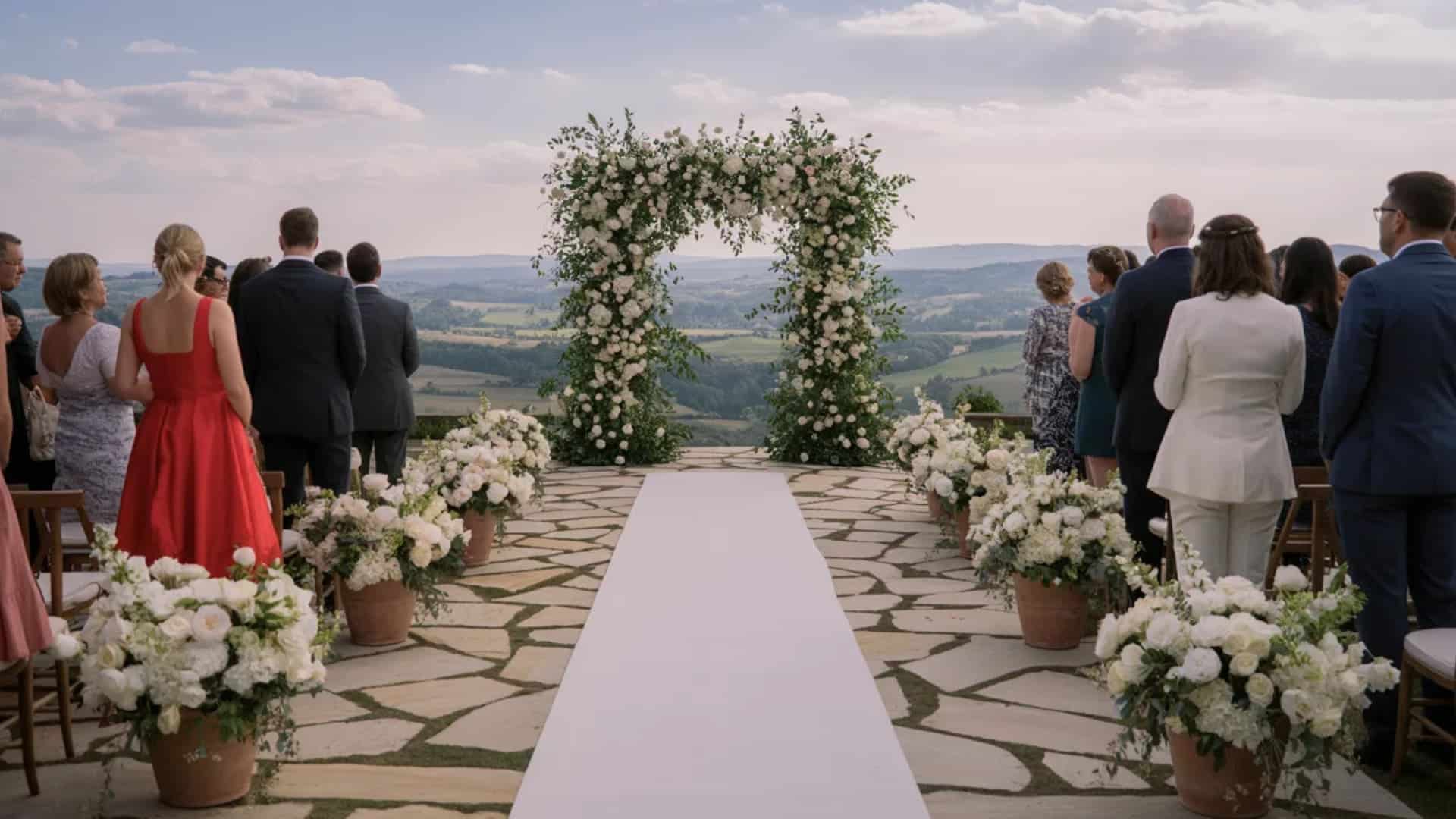 Outdoor wedding ceremony with white floral arch, aisle runner, and guests overlooking rolling hills.