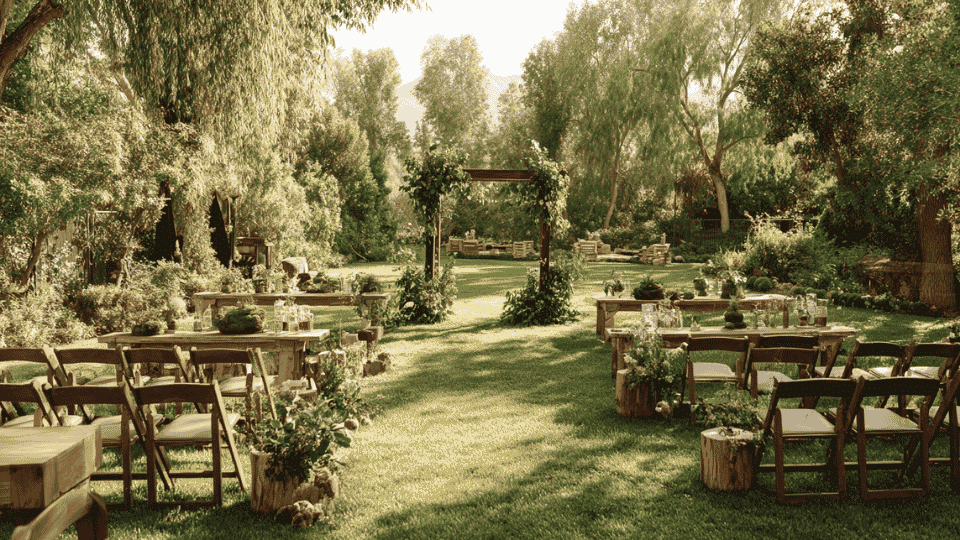 Outdoor wedding venue with branch arch, ferns and natural decor setup
