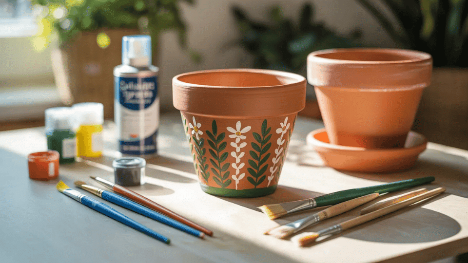 Painted terracotta pot on a table with brushes, acrylic paint, sealant spray, and a plain pot.