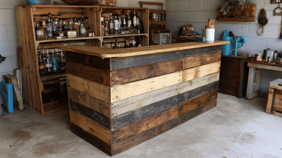 Pallet wood DIY bar with mixed tones in a simple home setup.