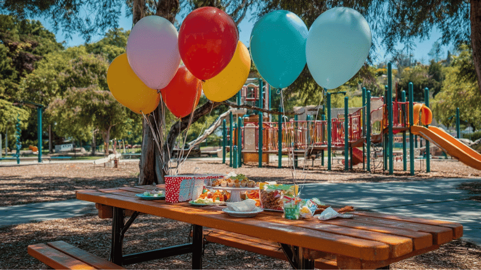Park picnic table decorated with balloons and snacks for a kids birthday party near playground