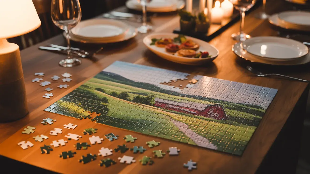 Partially completed jigsaw puzzle on a candlelit dinner table with plates and glasses set for a meal