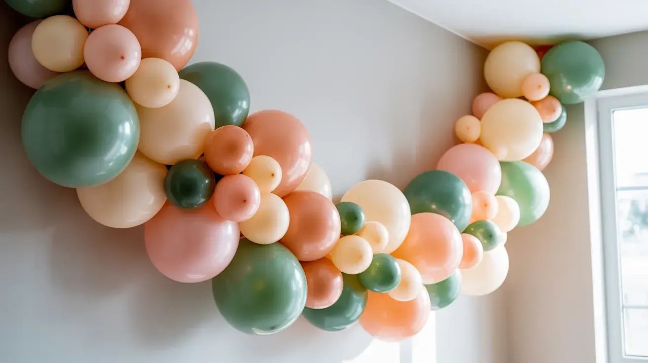 Pastel balloon garland in peach, green, and cream tones arranged along a wall for a stylish DIY birthday decoration