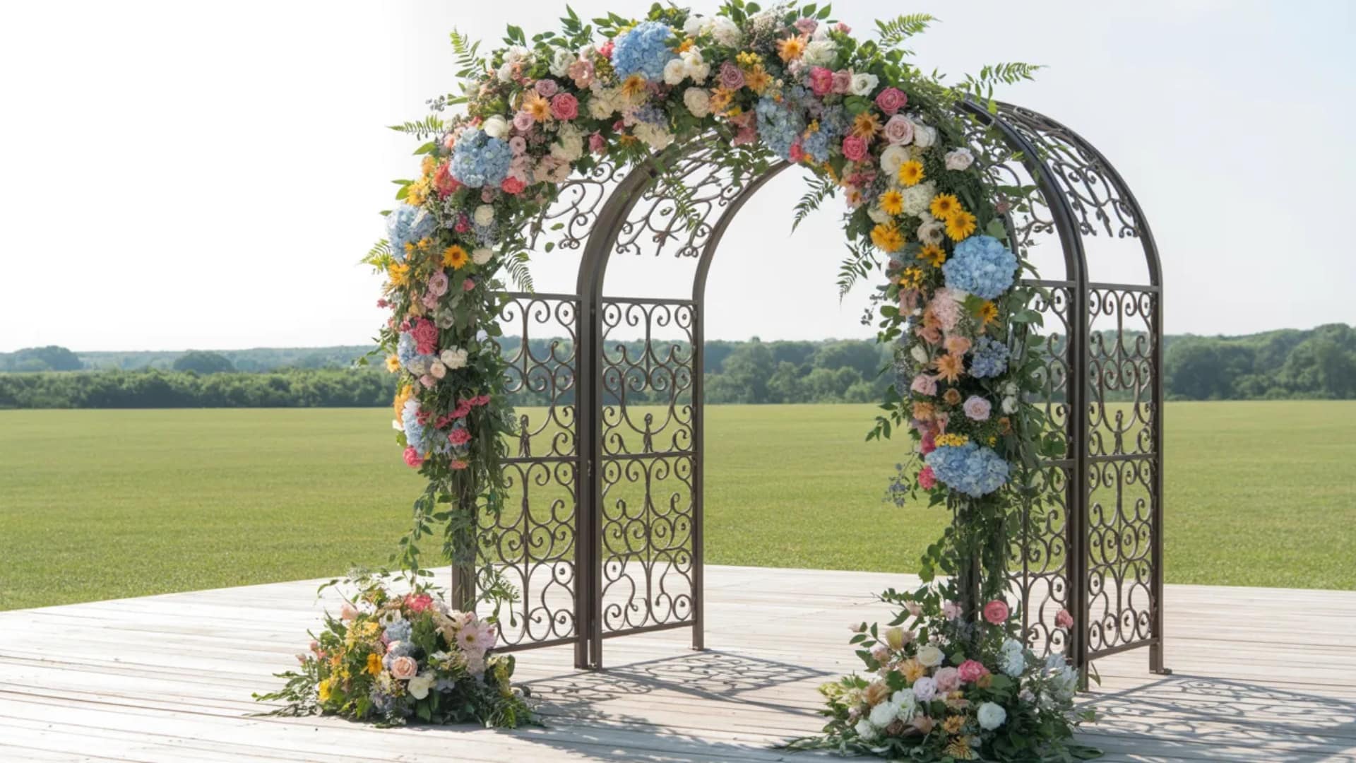 Pastel floral garden arch on an ornate metal frame in an open outdoor setting