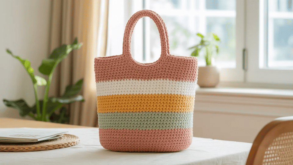 Crochet patterned tote bag with colorful stripes standing upright on a table