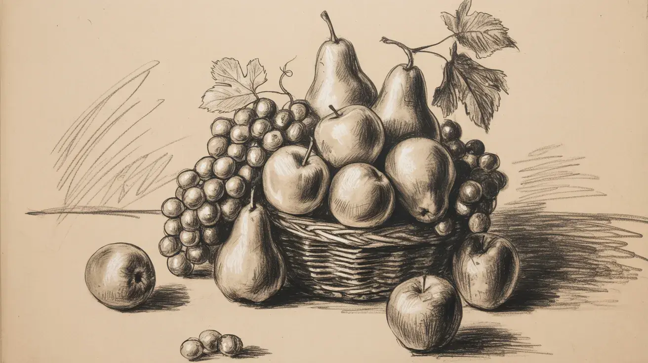 Pencil sketch of a fruit still life featuring a basket of pears, apples, and grapes with detailed shading and highlights