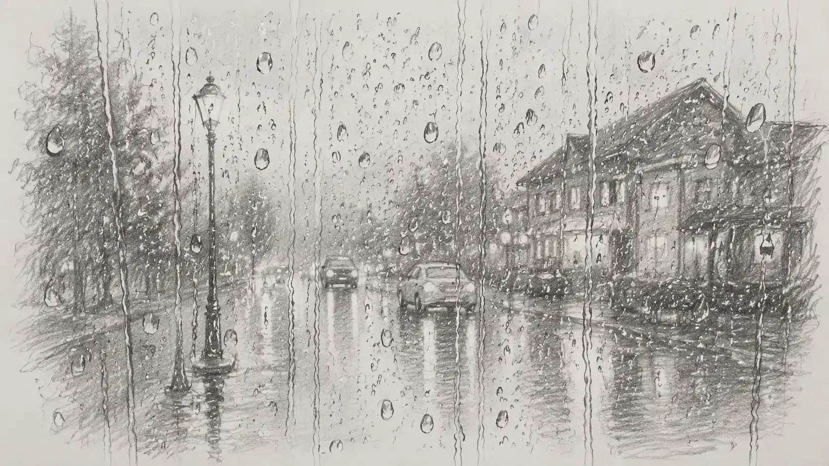 Pencil sketch of a rainy street scene viewed through a window with raindrops